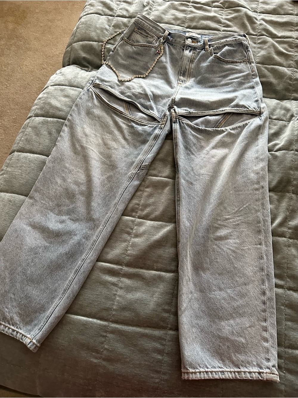 AREA slit jeans in light blue with crystal chain